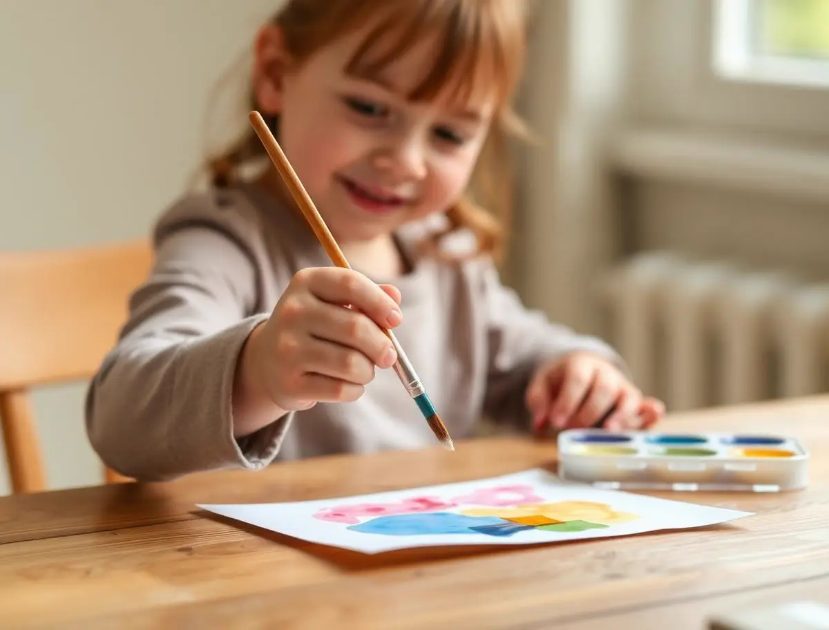 A child painting with bright watercolors at a wooden table, focused and calm