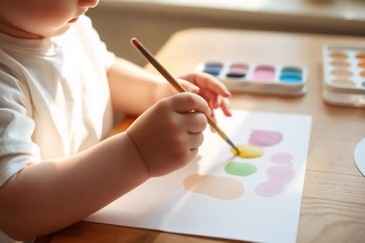 A child painting with soft watercolor paints in gentle natural light