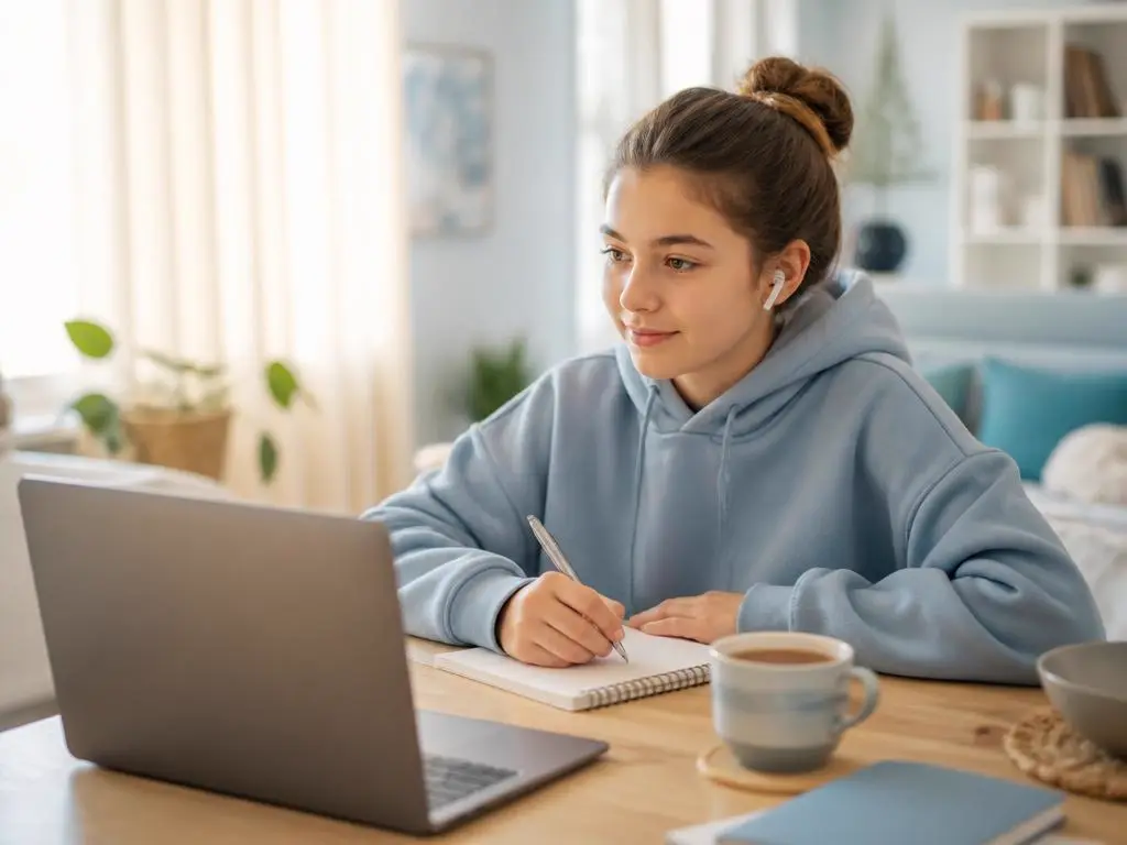 A young teen or adult taking an online course on a laptop at home, focused and calm