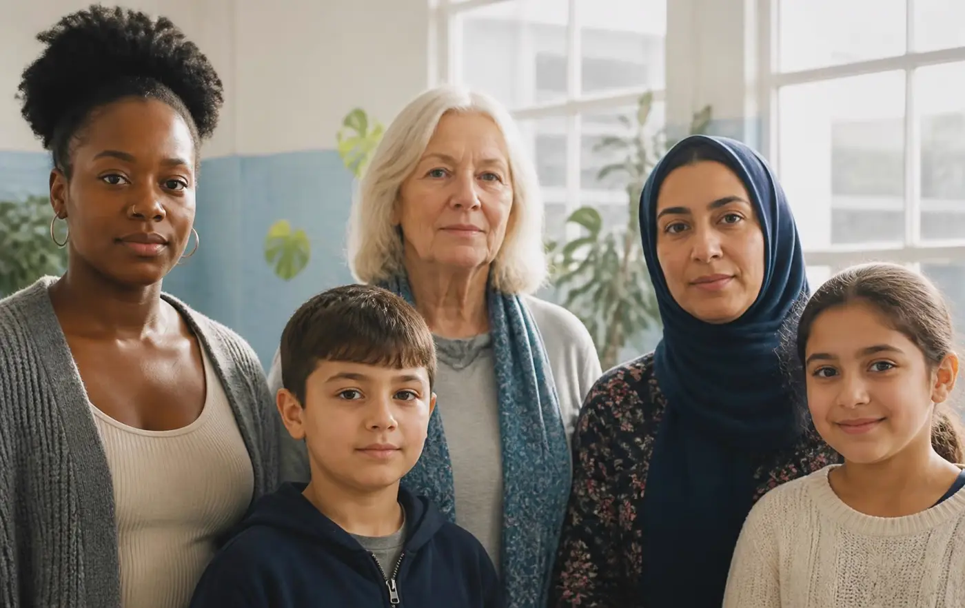 A diverse group of women of different ages with two children, standing together in a bright community room